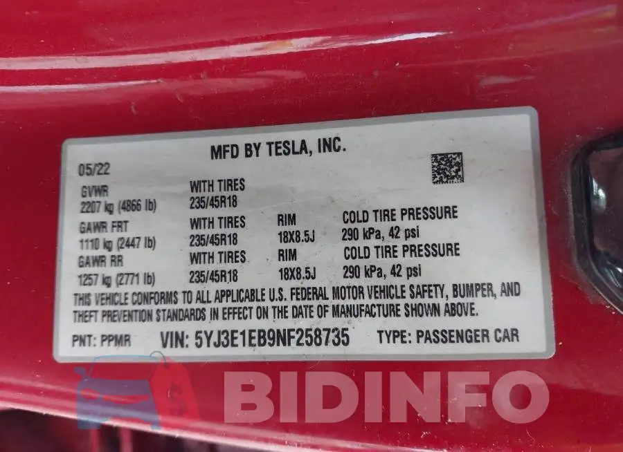 5YJ3E1EB9NF258735 Photo# 9