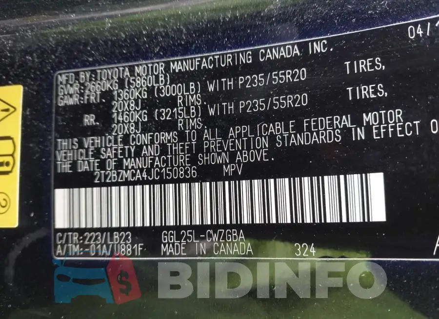 2T2BZMCA4JC150836 Photo# 9