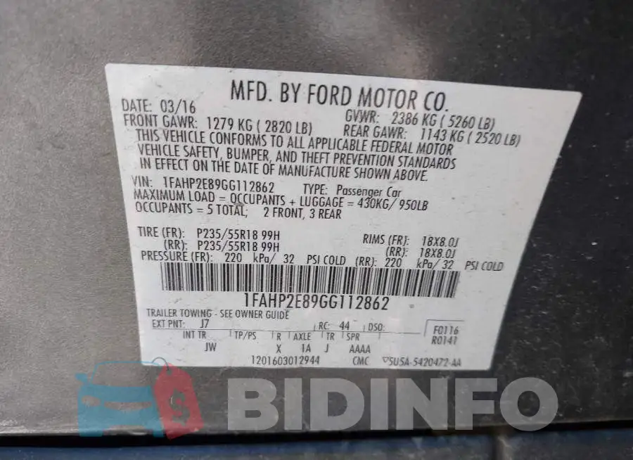 1FAHP2E89GG112862 Photo# 9