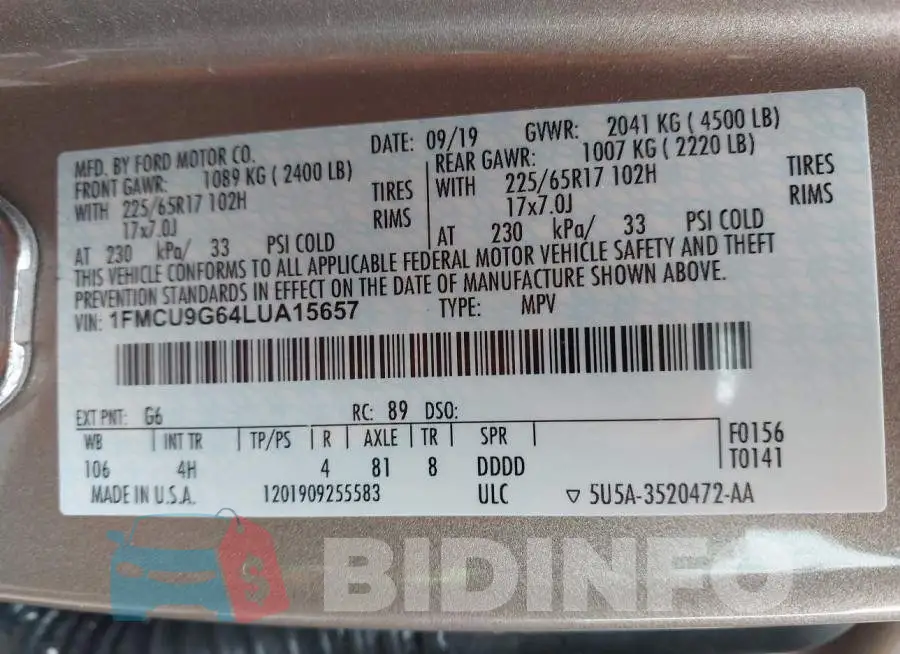 1FMCU9G64LUA15657 Photo# 9