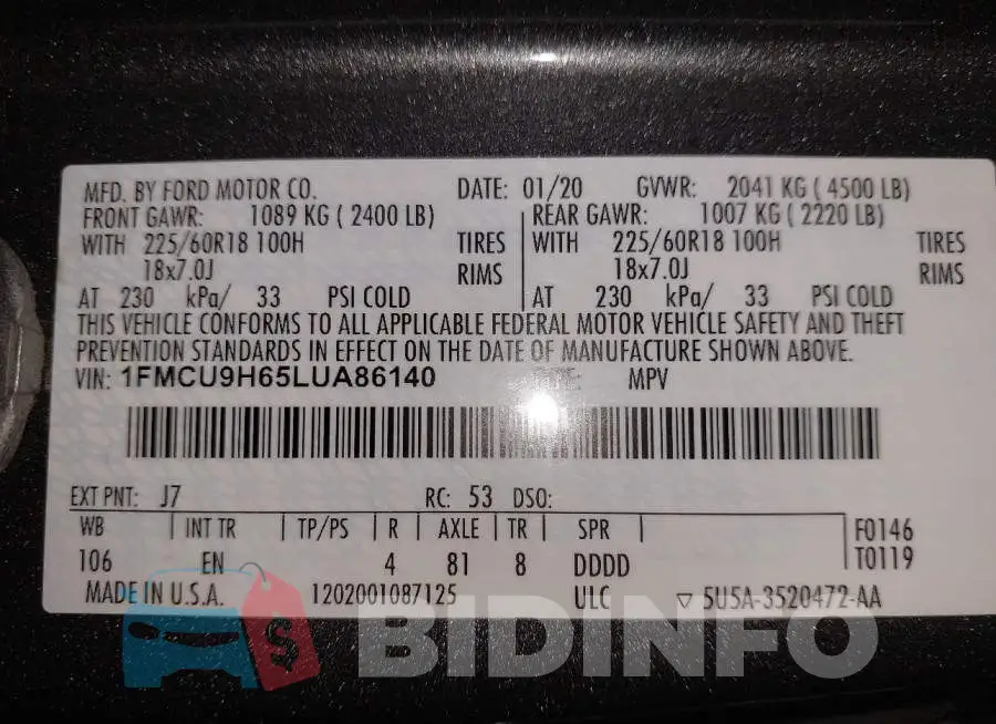 1FMCU9H65LUA86140 Photo# 9
