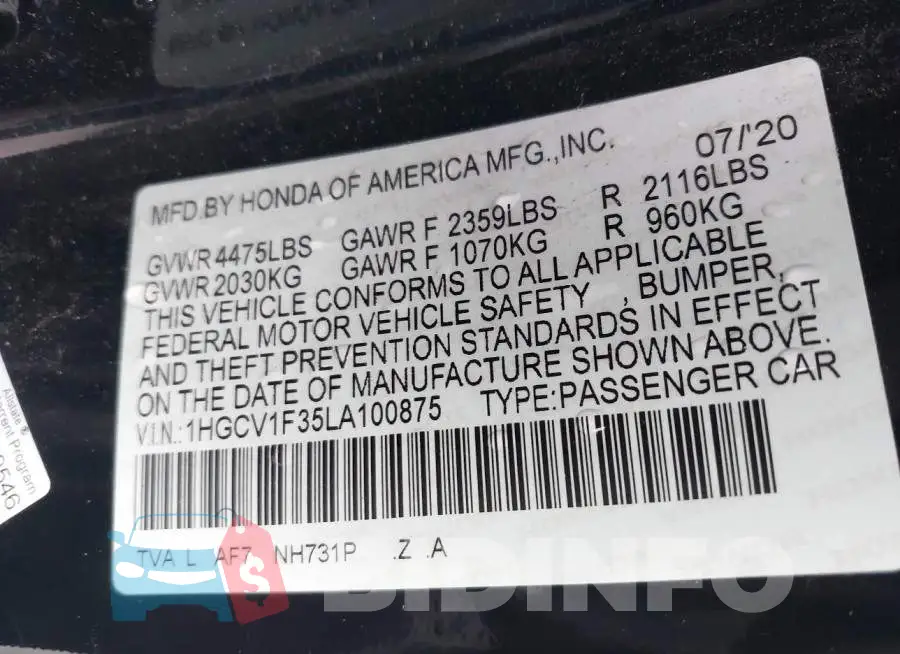 1HGCV1F35LA100875 Photo# 9