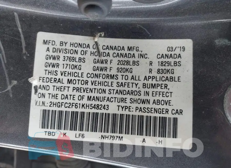 2HGFC2F61KH548243 Photo# 9