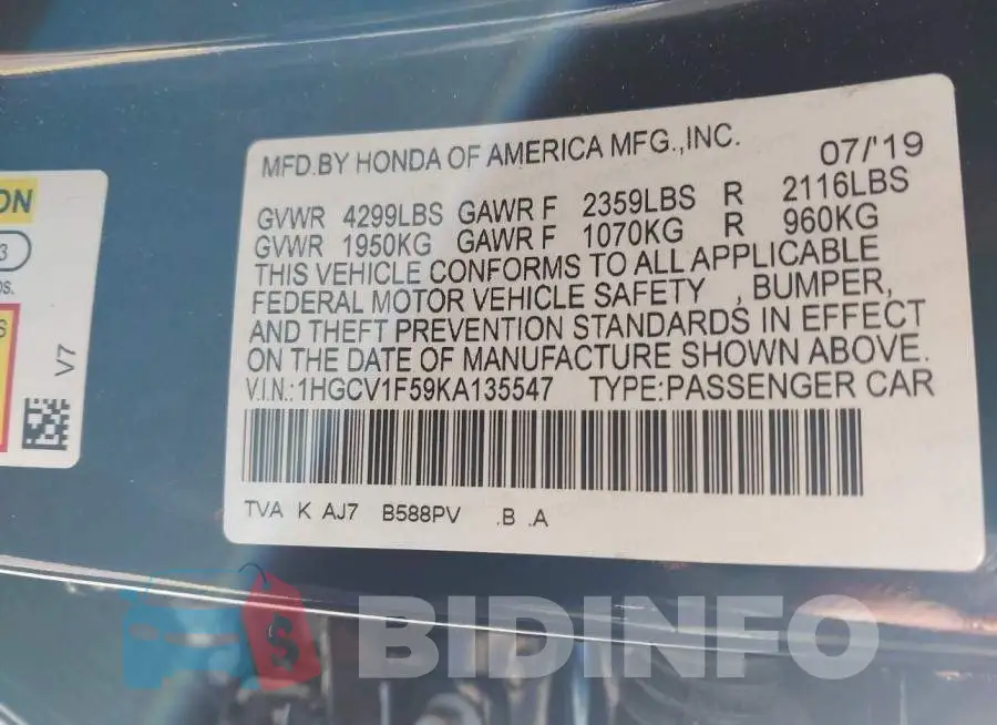 1HGCV1F59KA135547 Photo# 9