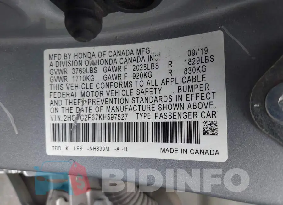 2HGFC2F67KH597527 Photo# 9