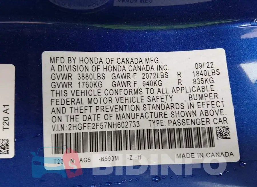 2HGFE2F57NH602733 Photo# 9