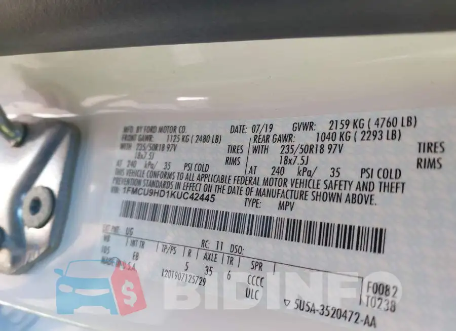 1FMCU9HD1KUC42445 Photo# 9