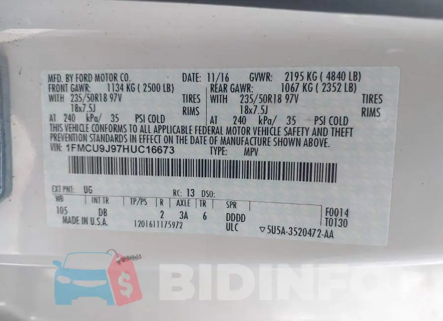 1FMCU9J97HUC16673 Photo# 9