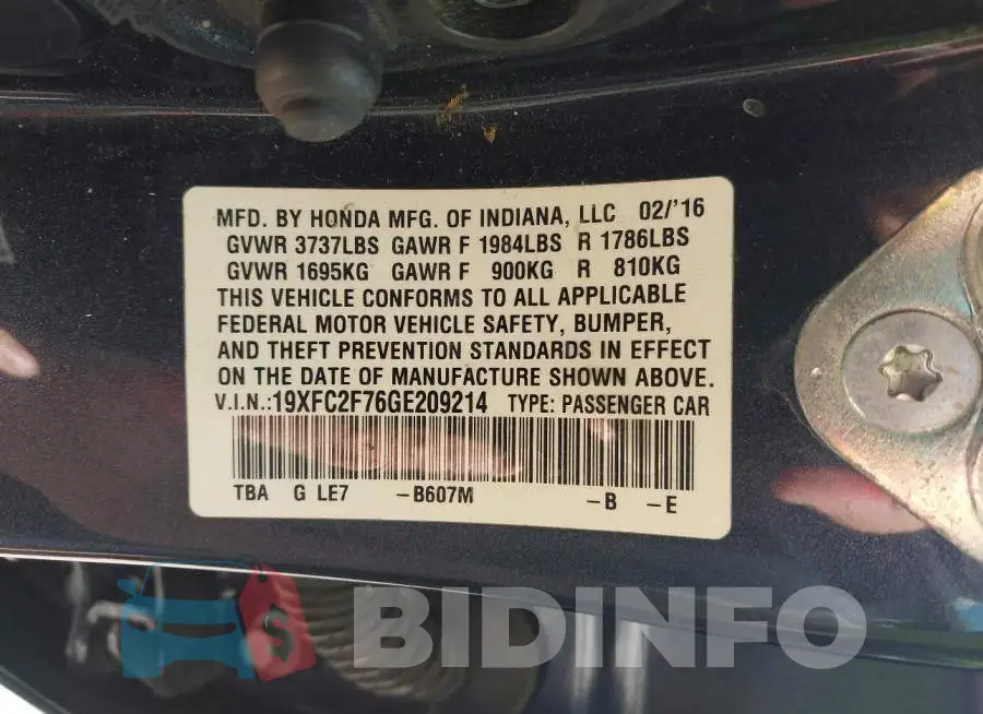 19XFC2F76GE209214 Photo# 9
