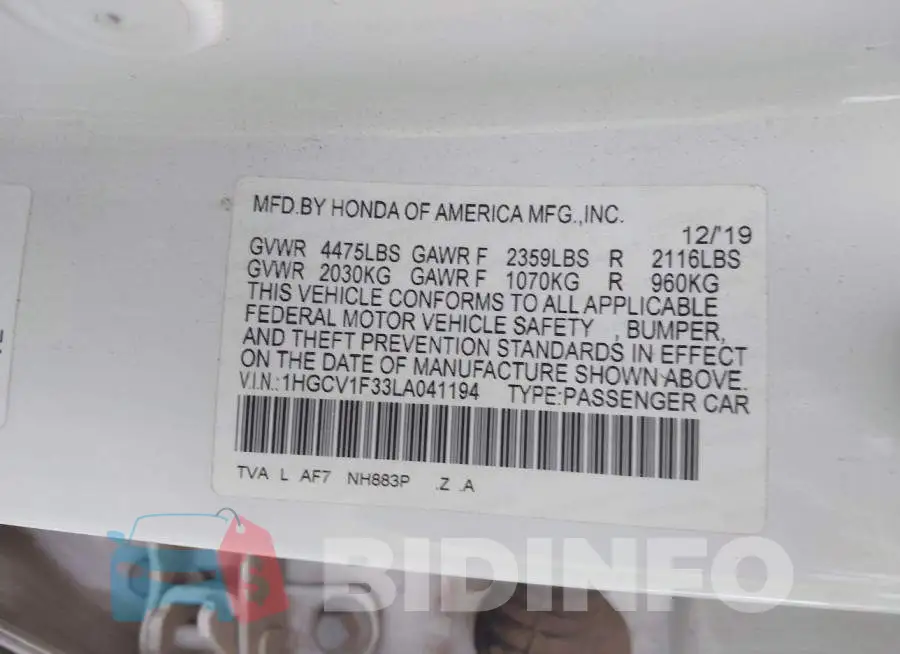 1HGCV1F33LA041194 Photo# 9