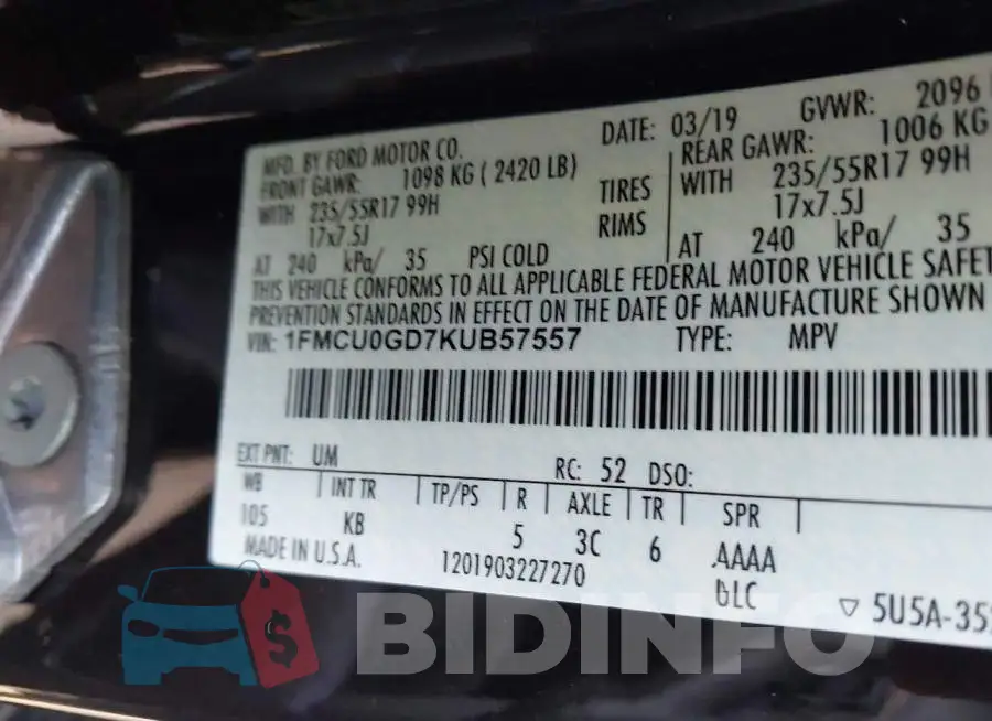 1FMCU0GD7KUB57557 Photo# 9