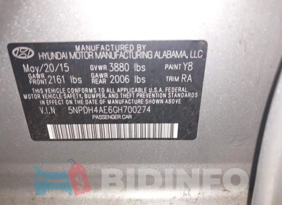 5NPDH4AE6GH700274 Photo# 9
