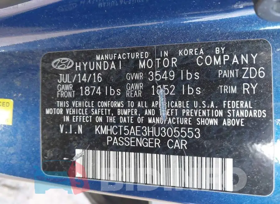 KMHCT5AE3HU305553 Photo# 9