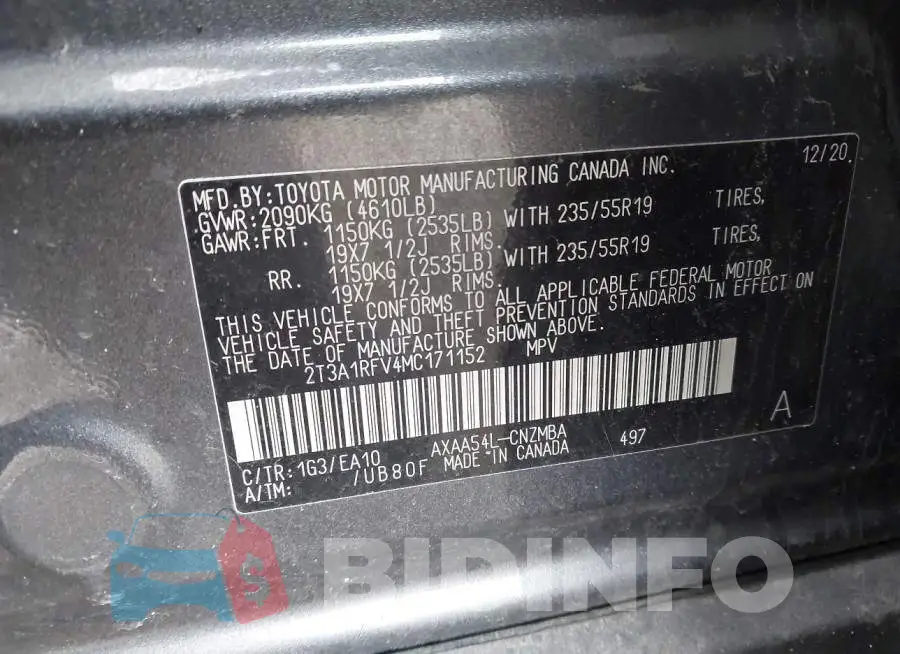 2T3A1RFV4MC171152 Photo# 9