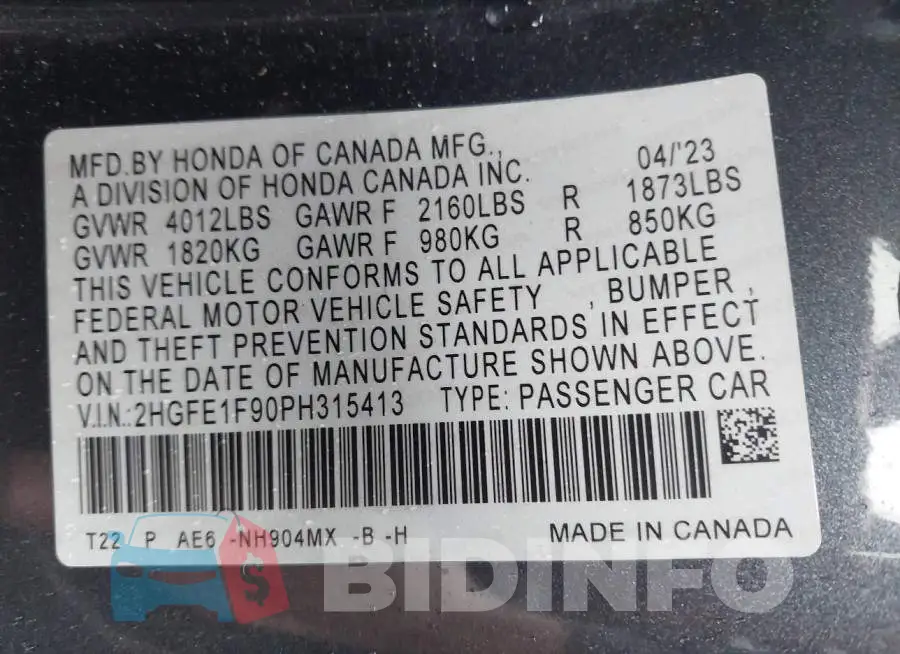 2HGFE1F90PH315413 Photo# 9