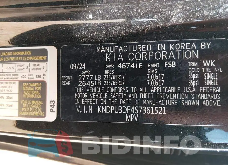 KNDPU3DF4S7361521 Photo# 9