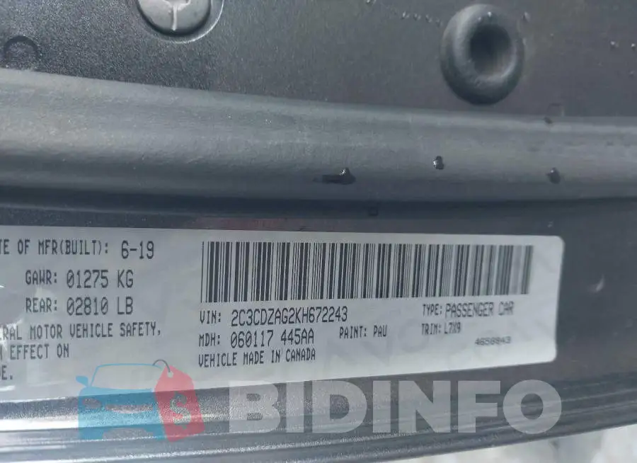 2C3CDZAG2KH672243 Photo# 9