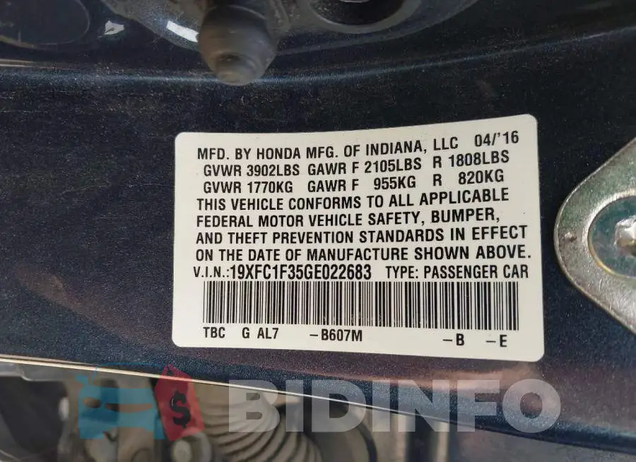 19XFC1F35GE022683 Photo# 9