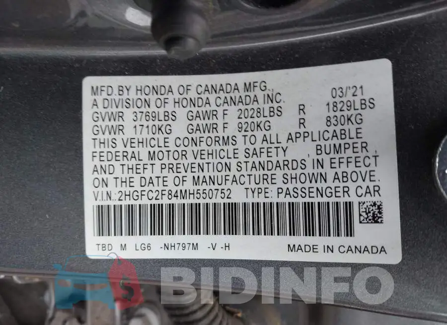 2HGFC2F84MH550752 Photo# 9