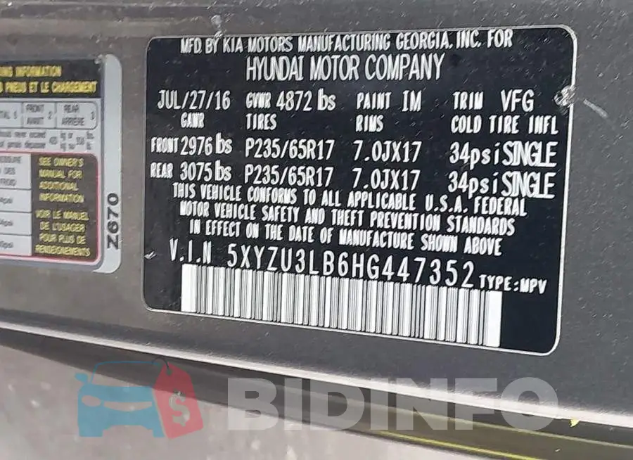 5XYZU3LB6HG447352 Photo# 9