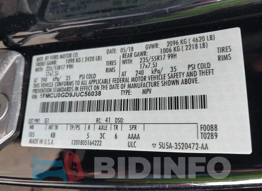 1FMCU0GD9JUC56038 Photo# 9