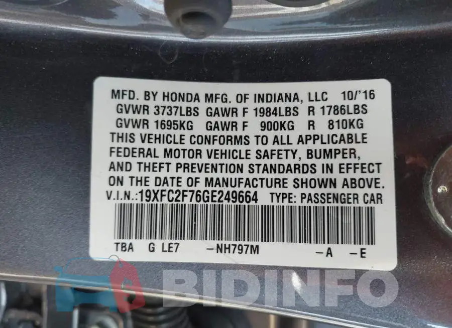 19XFC2F76GE249664 Photo# 9