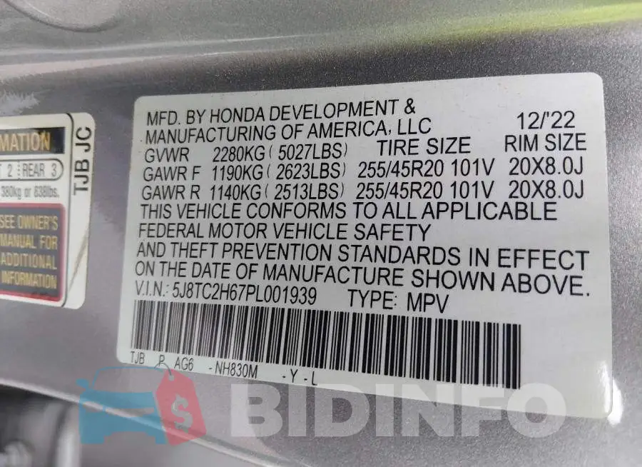 5J8TC2H67PL001939 Photo# 9