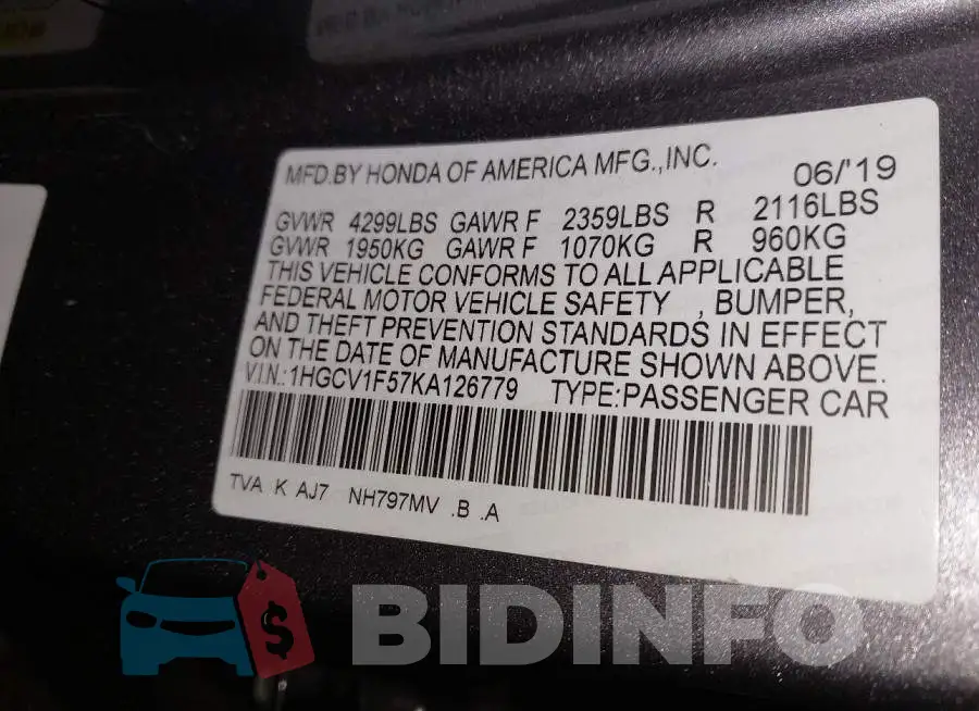 1HGCV1F57KA126779 Photo# 9