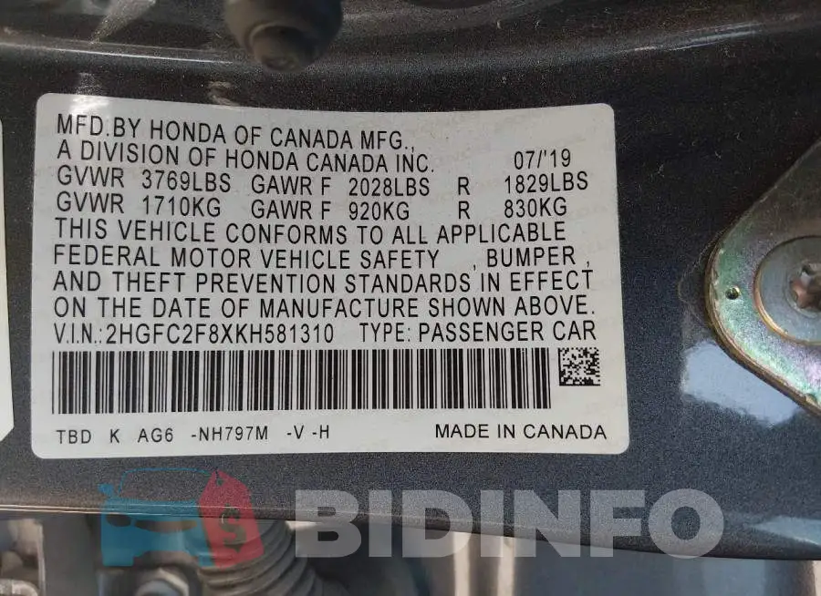 2HGFC2F8XKH581310 Photo# 9