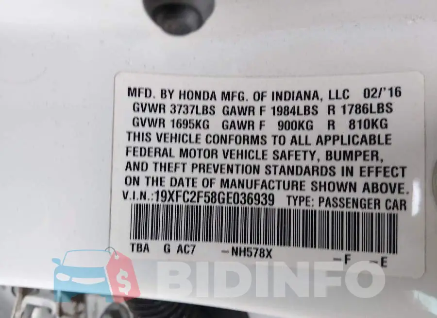 19XFC2F58GE036939 Photo# 9