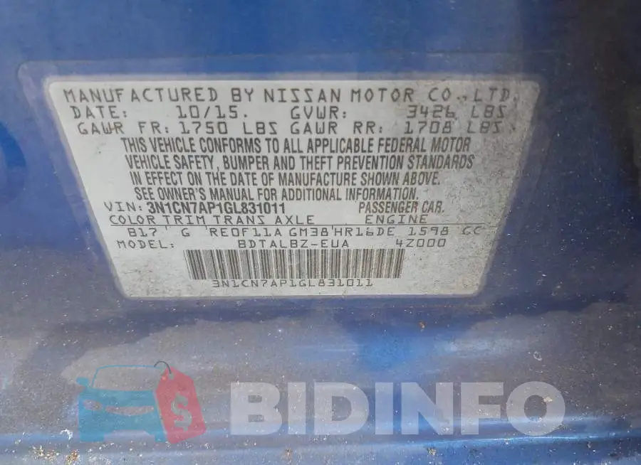 3N1CN7AP1GL831011 Photo# 9