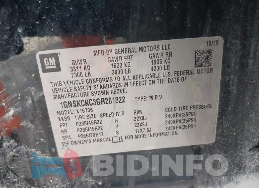 1GNSKCKC3GR201822 Photo# 9