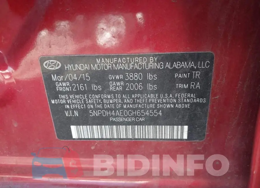 5NPDH4AE0GH654554 Photo# 9