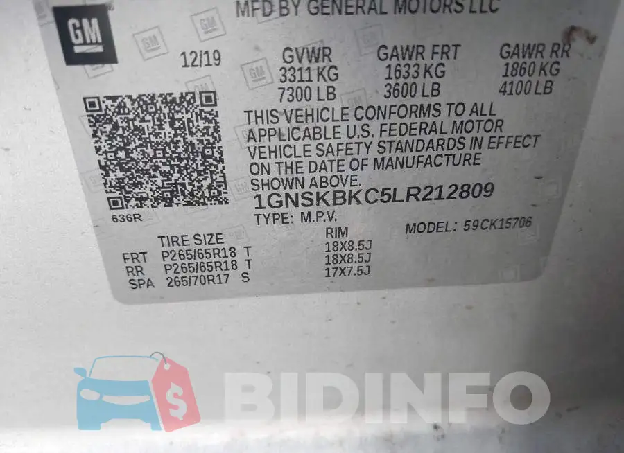 1GNSKBKC5LR212809 Photo# 9