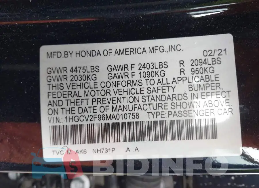 1HGCV2F96MA010758 Photo# 9