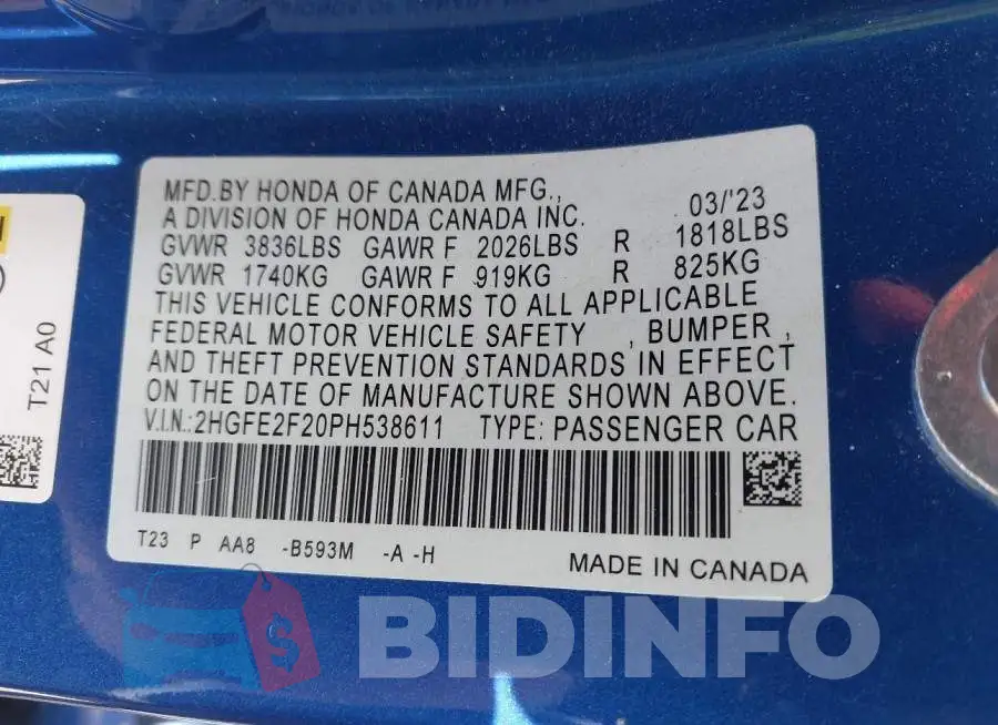 2HGFE2F20PH538611 Photo# 9