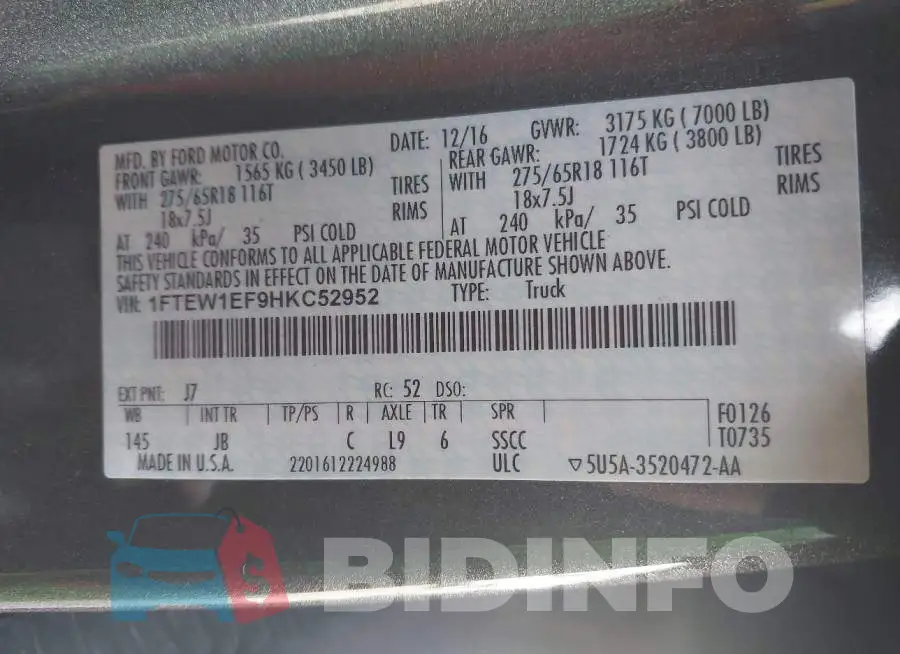1FTEW1EF9HKC52952 Photo# 9