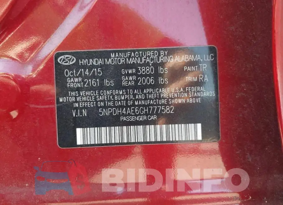 5NPDH4AE6GH777582 Photo# 9
