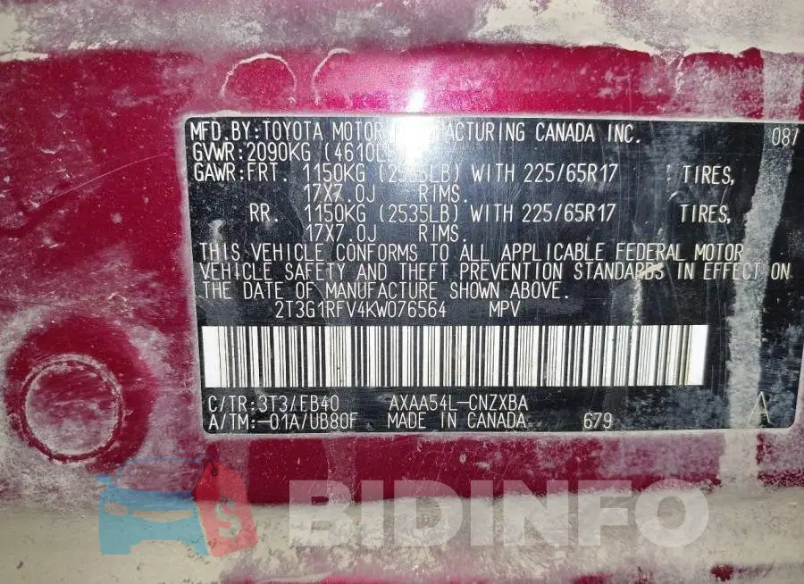 2T3G1RFV4KW076564 Photo# 9