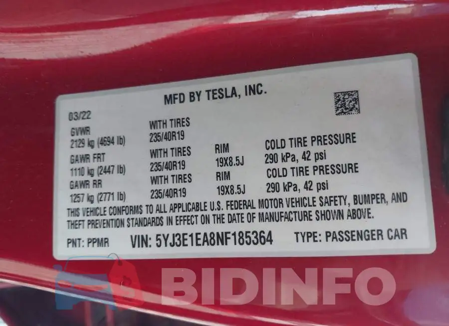 5YJ3E1EA8NF185364 Photo# 9