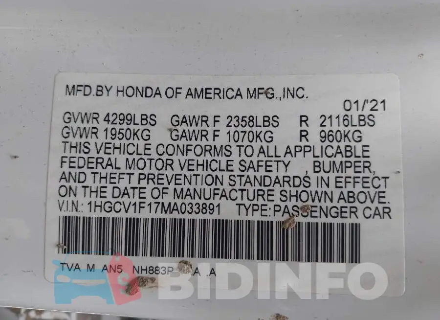 1HGCV1F17MA033891 Photo# 9