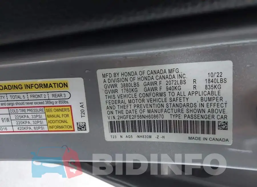 2HGFE2F56NH608670 Photo# 9