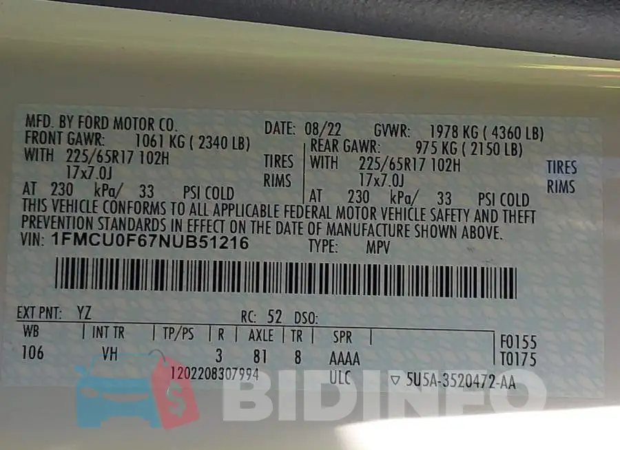 1FMCU0F67NUB51216 Photo# 9