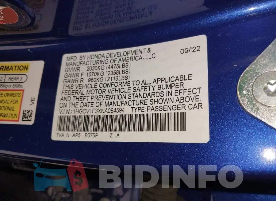 1HGCV1F3XNA084594 Photo# 9