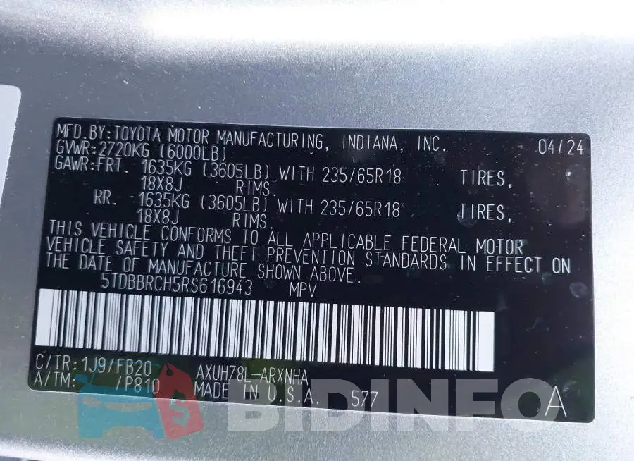 5TDBBRCH5RS616943 Photo# 9