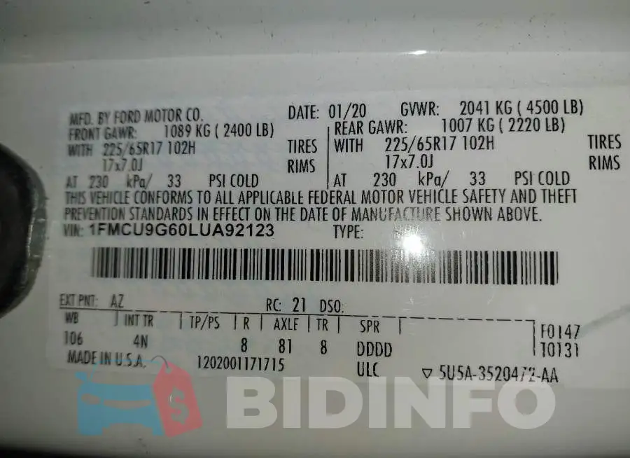 1FMCU9G60LUA92123 Photo# 9