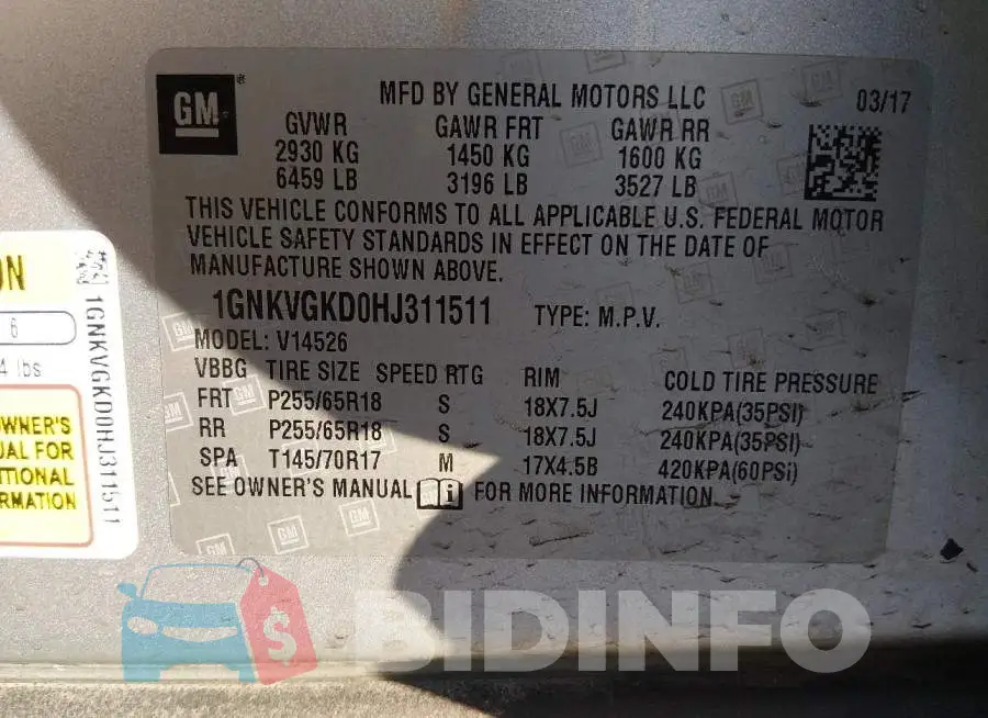 1GNKVGKD0HJ311511 Photo# 9