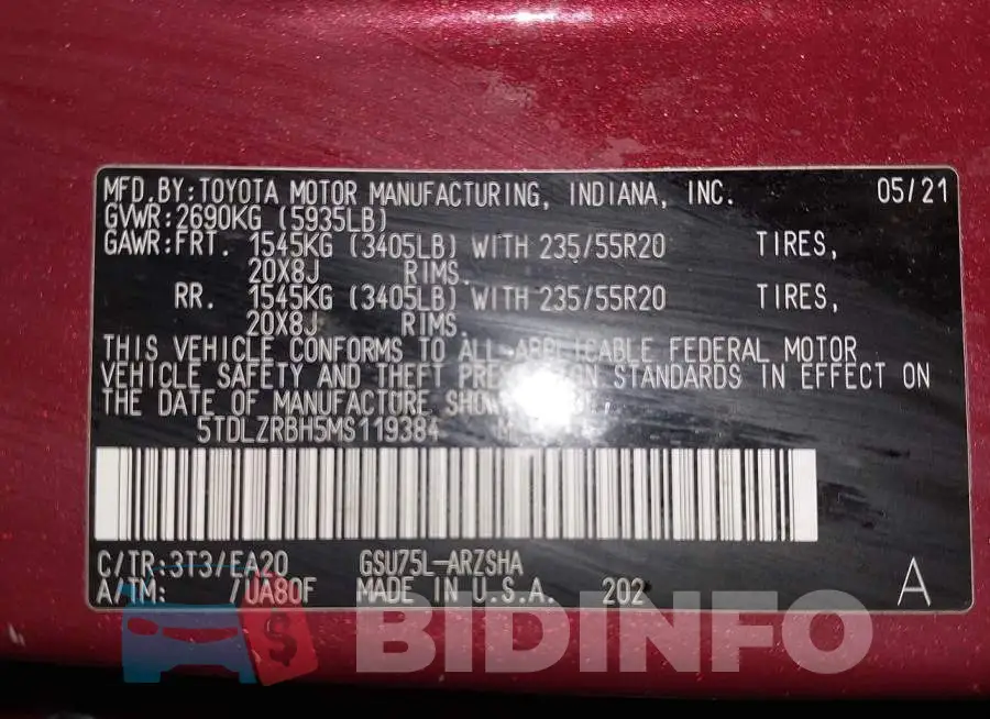 5TDLZRBH5MS119384 Photo# 9