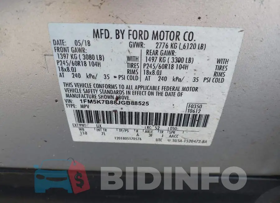 1FM5K7B88JGB88525 Photo# 9