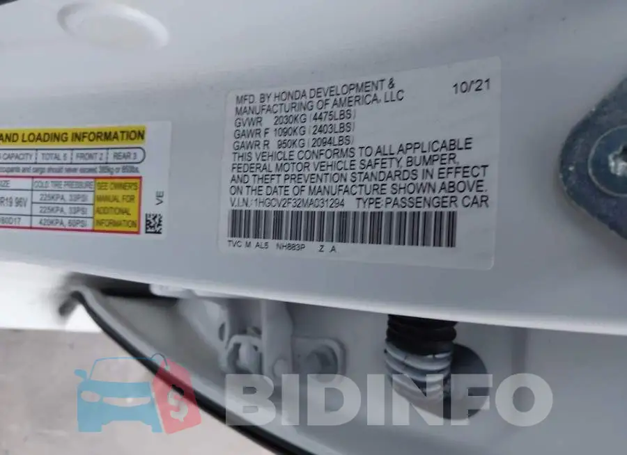 1HGCV2F32MA031294 Photo# 9